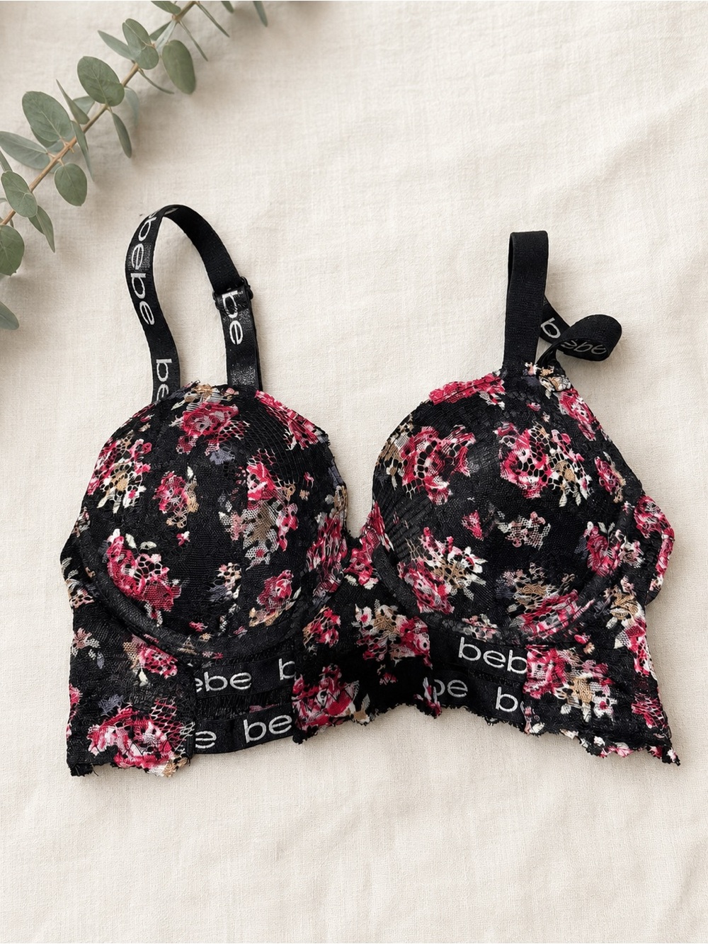 bebe Black Floral Lace Underwire Bra with Pink Accents